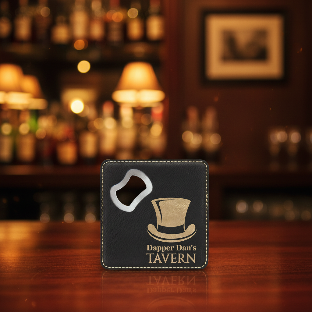 Black/Gold 4" x 4" Square Laserable Leatherette Coaster with Bottle Opener