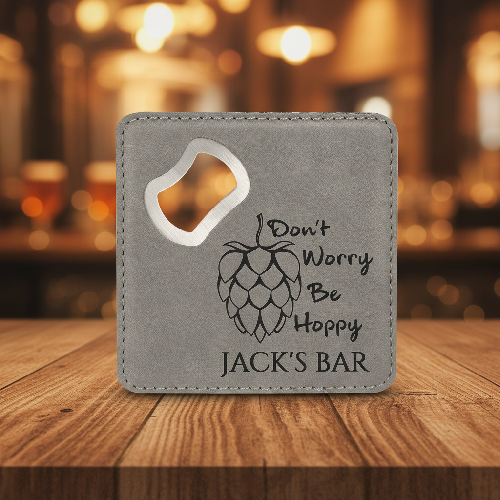 Gray 4" x 4" Square Laserable Leatherette Coaster with Bottle Opener