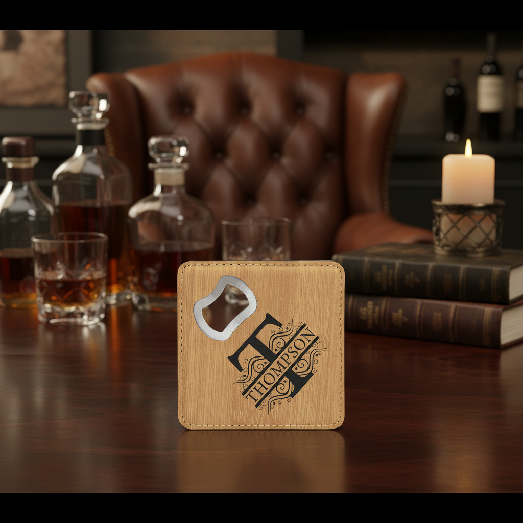 Bamboo 4" x 4" Square Laserable Leatherette Coaster with Bottle Opener