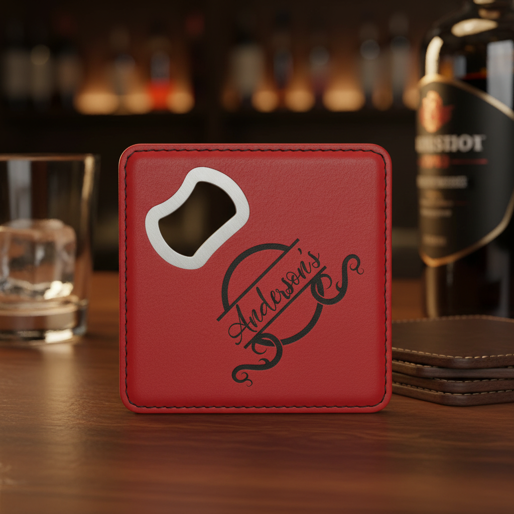Red 4" x 4" Square Laserable Leatherette Coaster with Bottle Opener