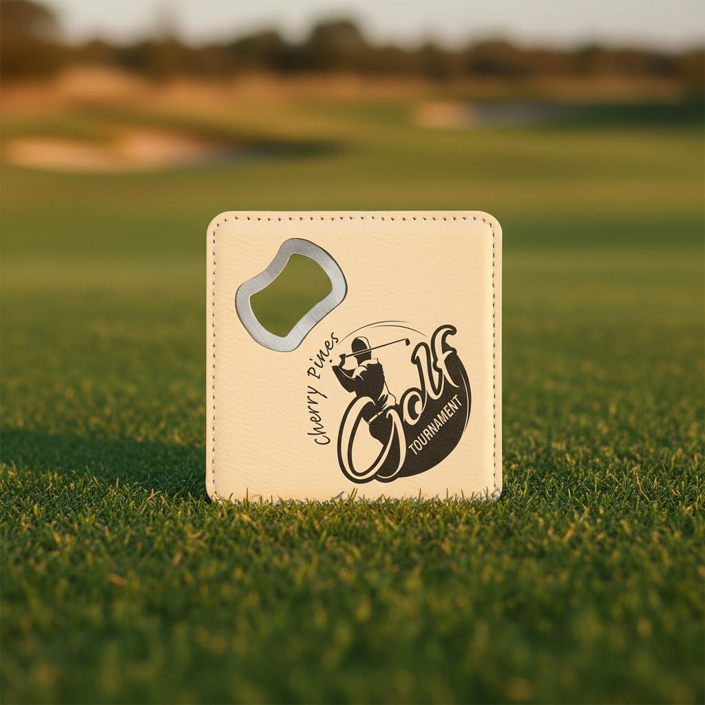 White 4" x 4" Square Laserable Leatherette Coaster with Bottle Opener