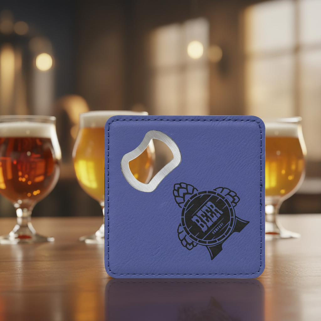 Purple 4" x 4" Square Laserable Leatherette Coaster with Bottle Opener