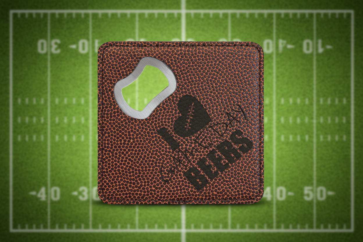 Football 4" x 4" Square Laserable Leatherette Coaster with Bottle Opener
