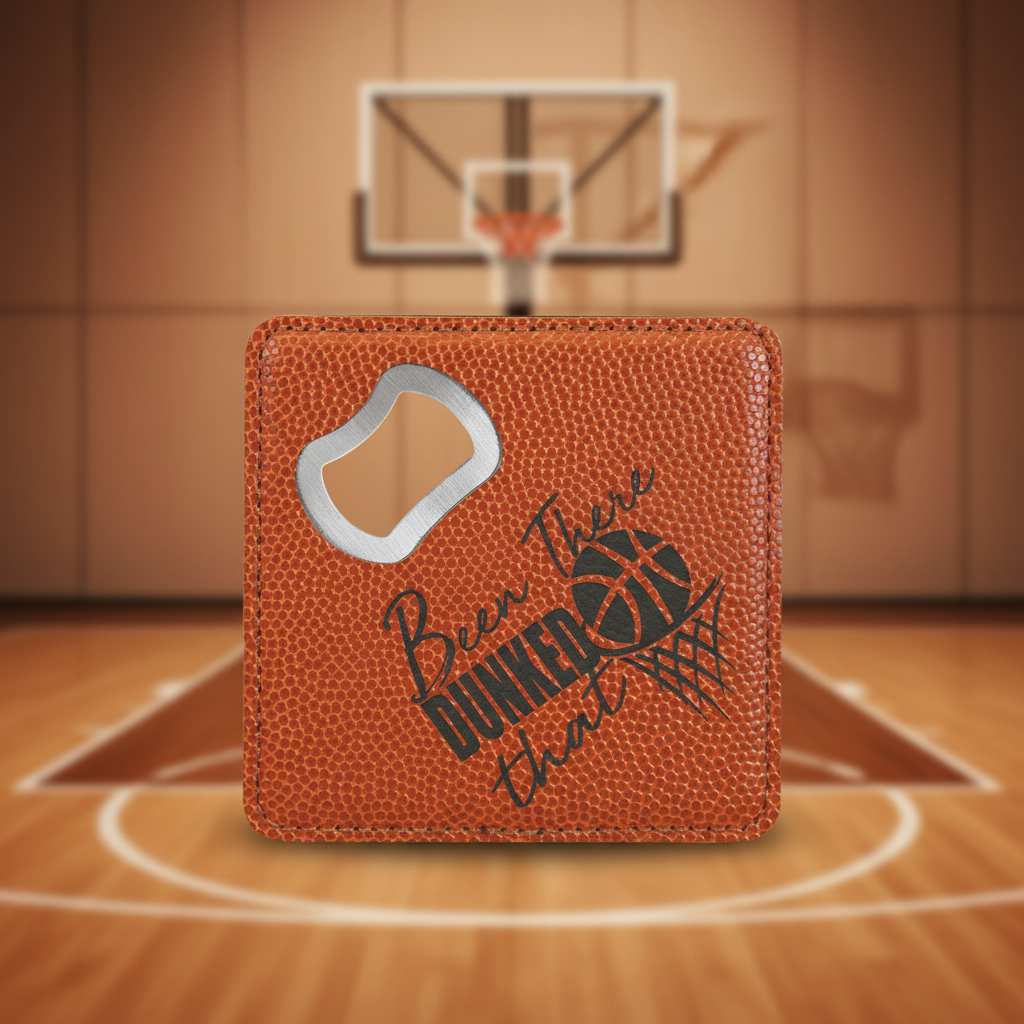 Basketball 4" x 4" Square Laserable Leatherette Coaster with Bottle Opener