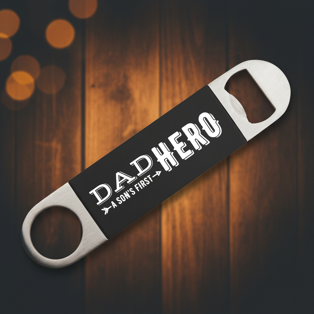 Bottle opener with 'Dad Hero' text on a black background
