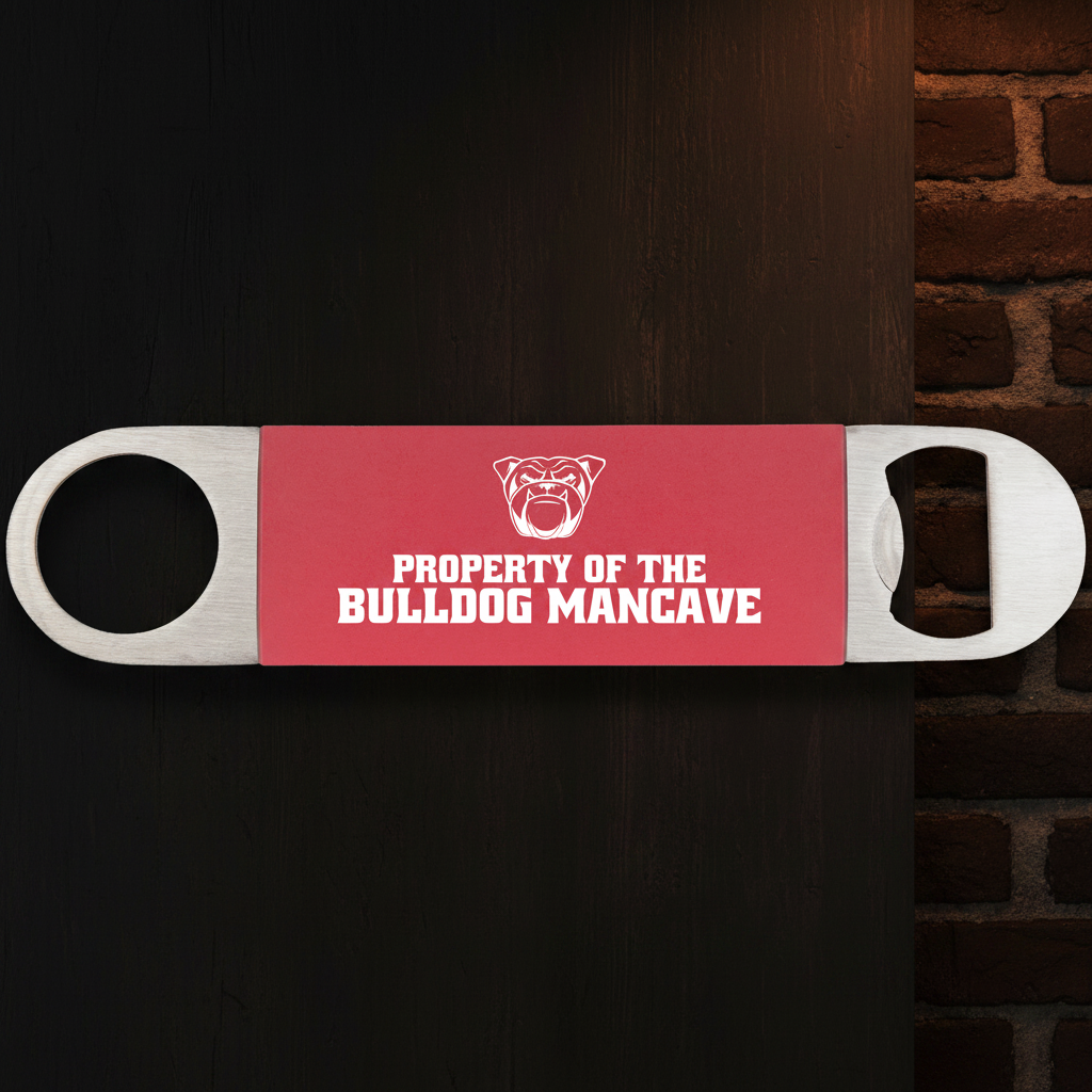 Red bottle opener with bulldog logo and text on a green background