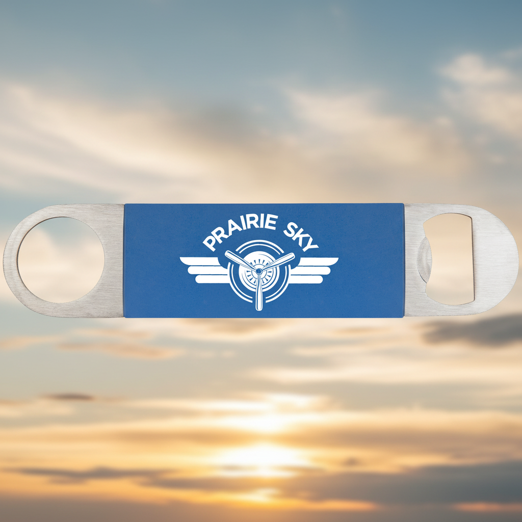 Bottle opener with 'Prairie Sky' branding on a blue background