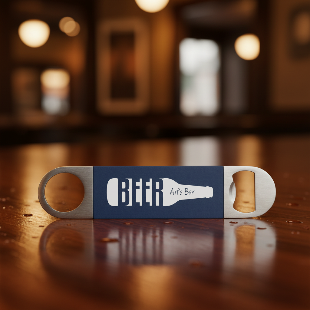 Bottle opener with 'BEER' and a bottle graphic on a blue background