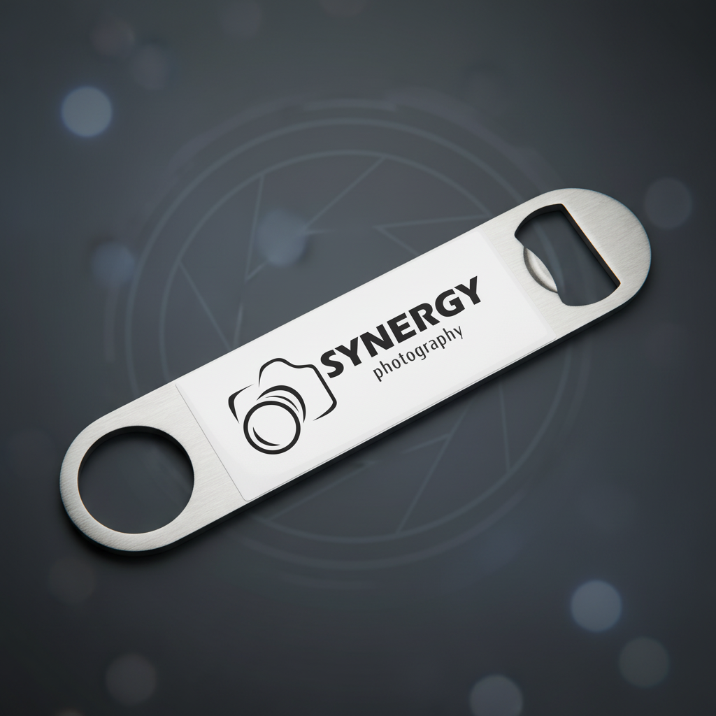Metal bottle opener with 'Synergy Photography' logo on a white background