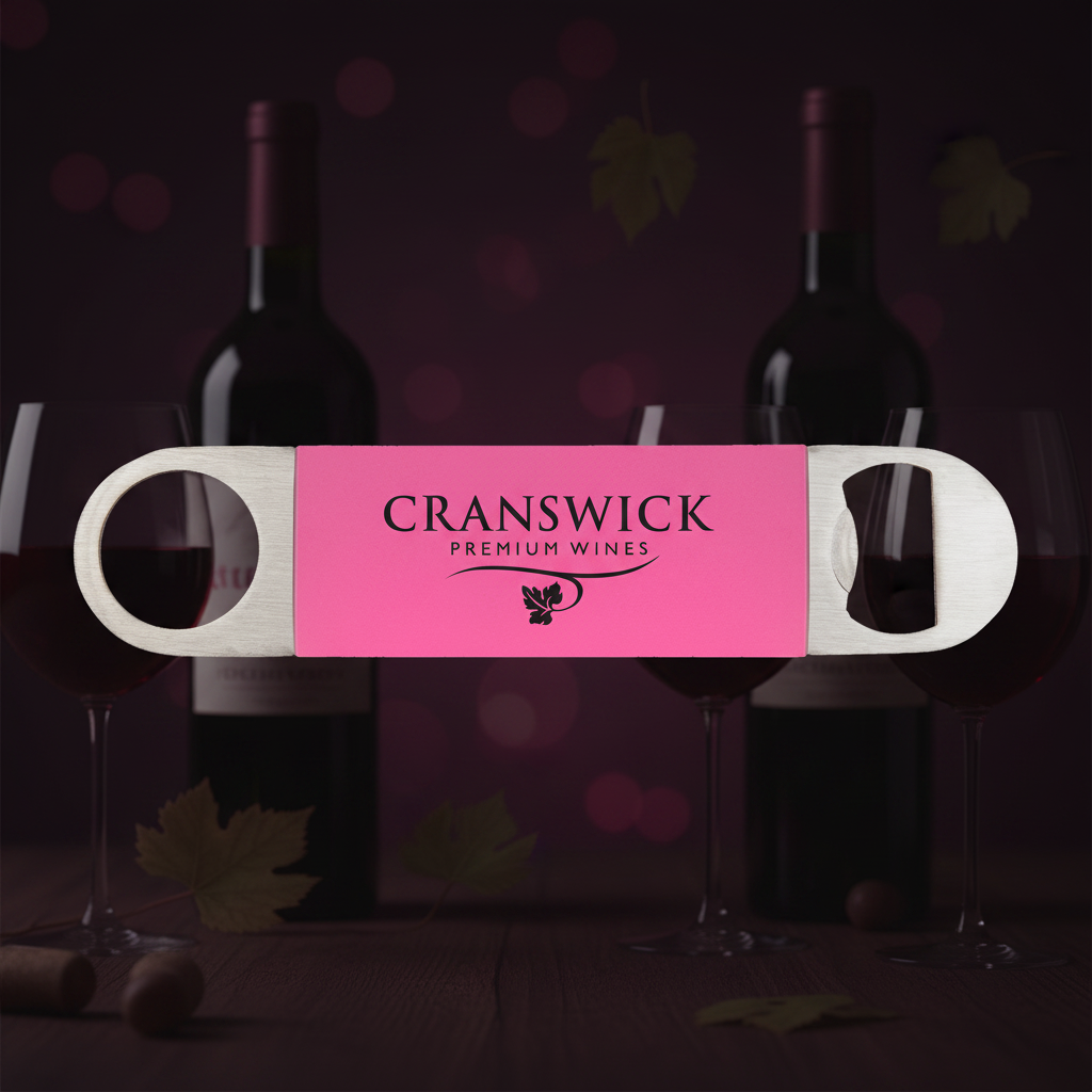 Pink bottle opener with Cranswick Premium Wines branding on a green background