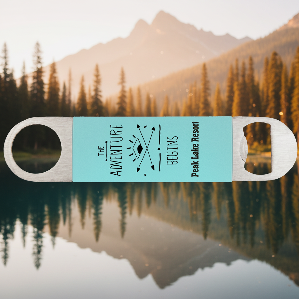 Bottle opener with turquoise label and metal handles on a green background