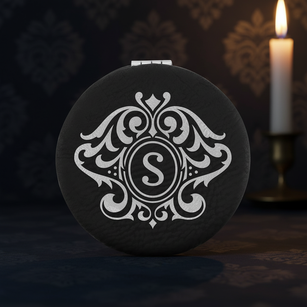 Black/Silver 2 1/2" Laserable Leatherette Compact Mirror
