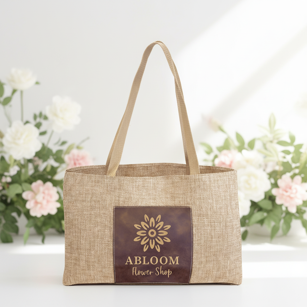 Rustic/Gold 19" x 12" Burlap Bag with 5" Laserable Leatherette Gusset