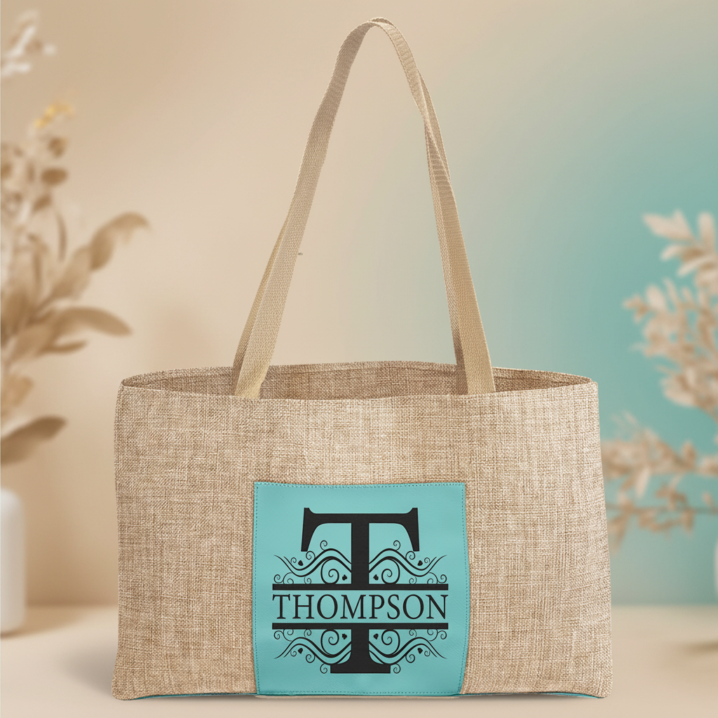 Teal 19" x 12" Burlap Bag with 5" Laserable Leatherette Gusset