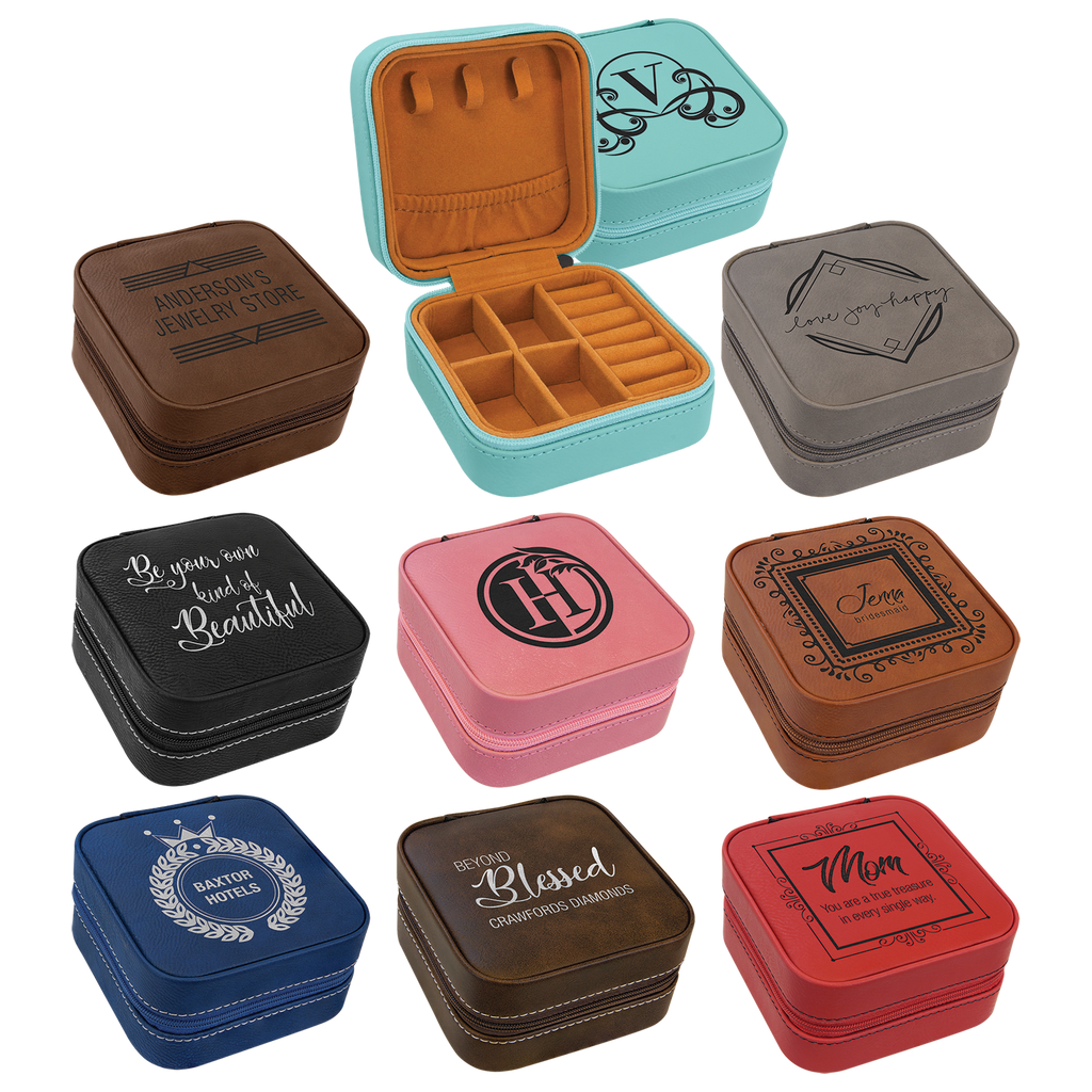 Personalized Leatherette Travel Jewelry Box 4" x 4" - Compact Engraved Case
