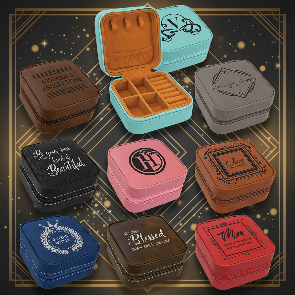 Collection of jewelry boxes in various colors with engraved text and designs.