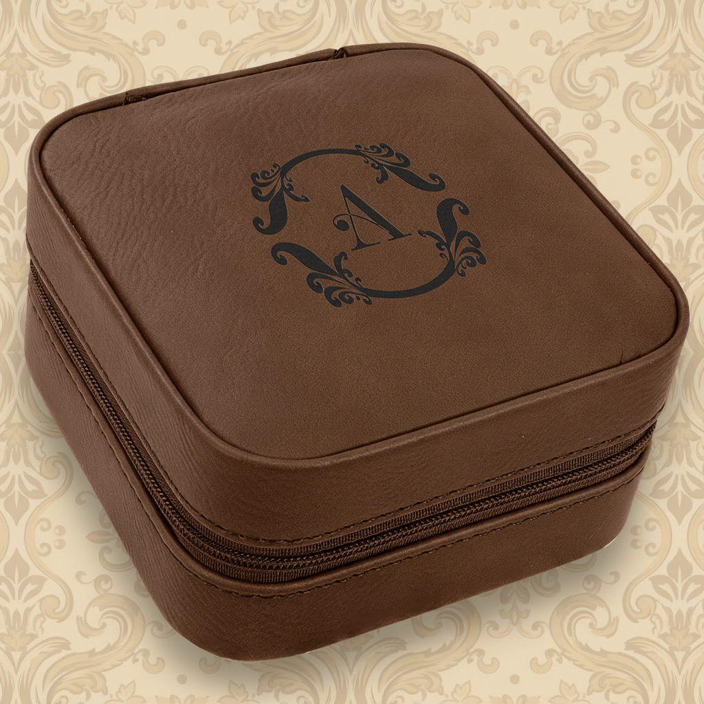 Dark Brown Laserable Leatherette Travel Jewelry Box with Black 4" X 4" Lining