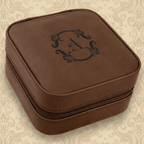 Dark Brown Laserable Leatherette Travel Jewelry Box with Black 4" X 4" Lining