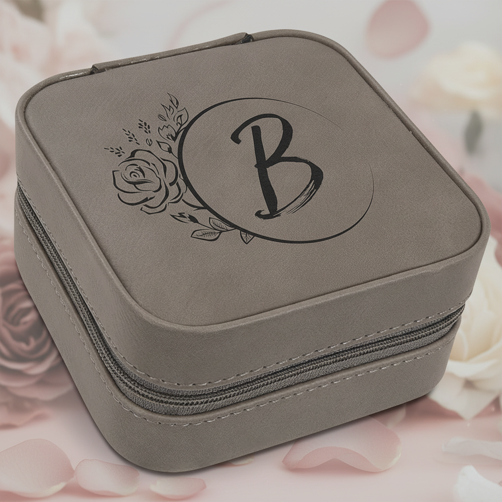 Gray Laserable Leatherette Travel Jewelry Box with Black 4" X 4" Lining