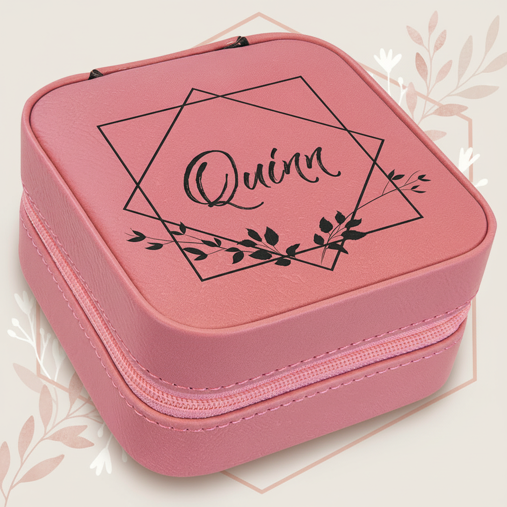 Pink Laserable Leatherette Travel Jewelry Box with Black 4" X 4" Lining