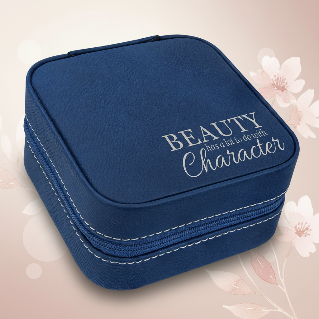 Blue/Silver Laserable Leatherette Travel Jewelry Box with Black 4" X 4" Lining