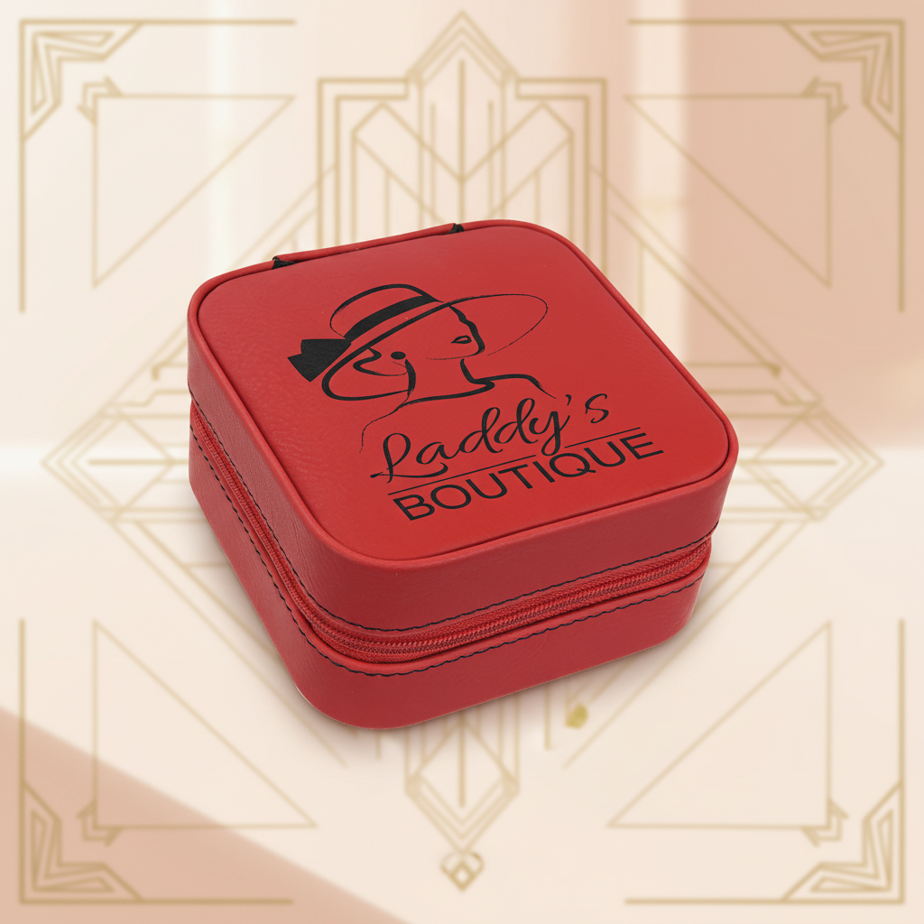 Red Laserable Leatherette Travel Jewelry Box with Black 4" X 4" Lining