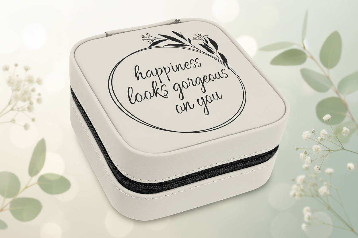 White/Black Laserable Leatherette Travel Jewelry Box with Black 4" X 4" Lining