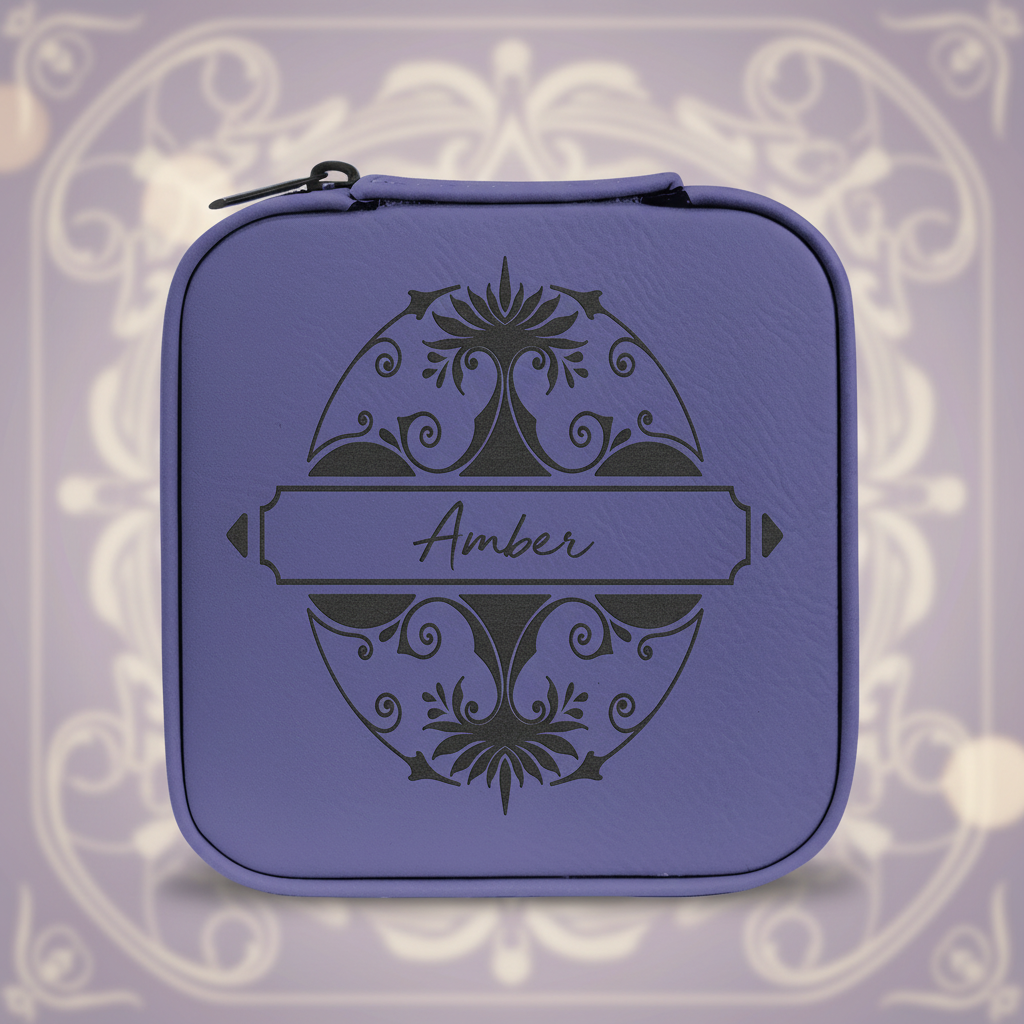 Purple/Black Laserable Leatherette Travel Jewelry Box with Black 4" X 4" Lining