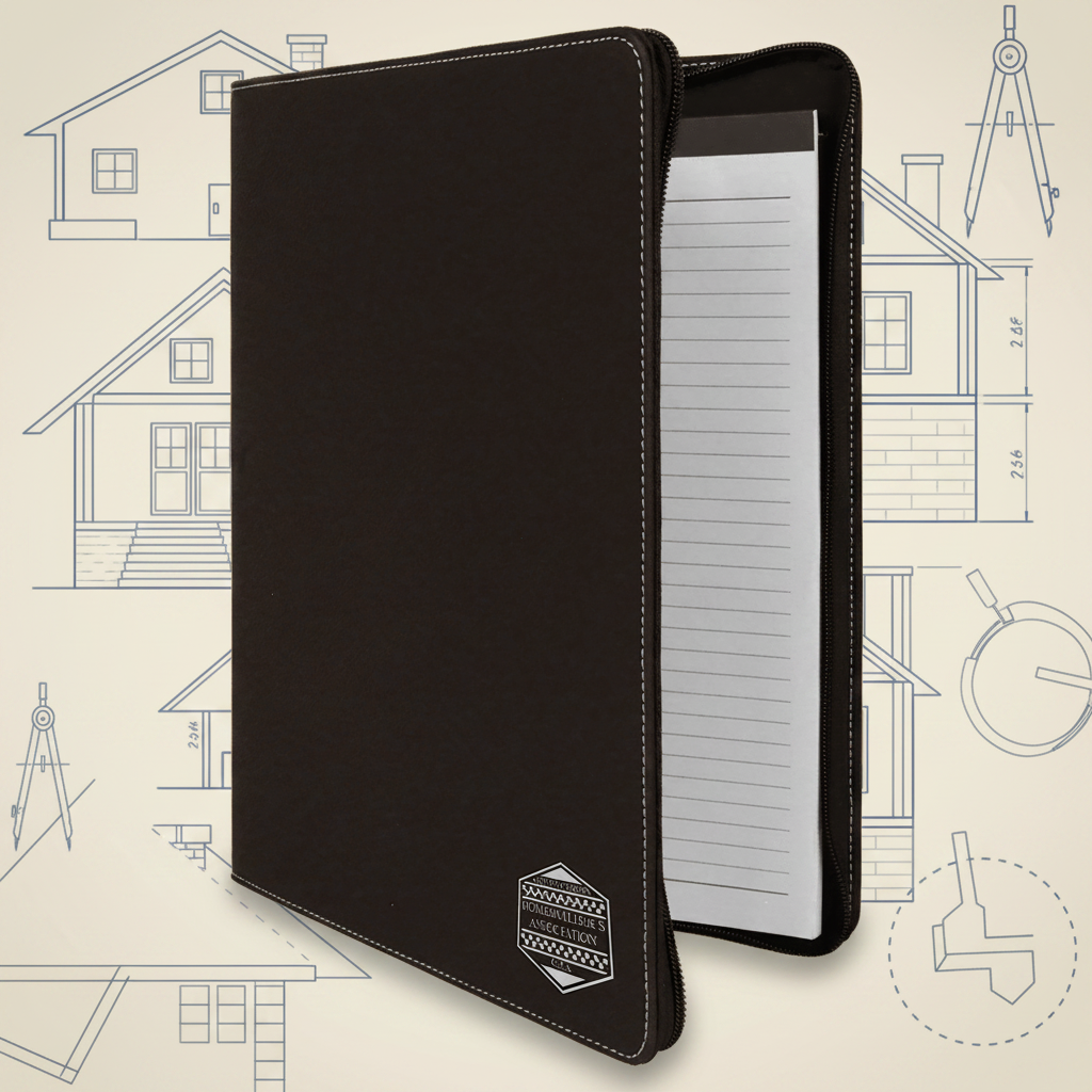 Black/Silver 9 1/2" x 12" w/Zipper Laserable Leatherette Portfolio with Notepad