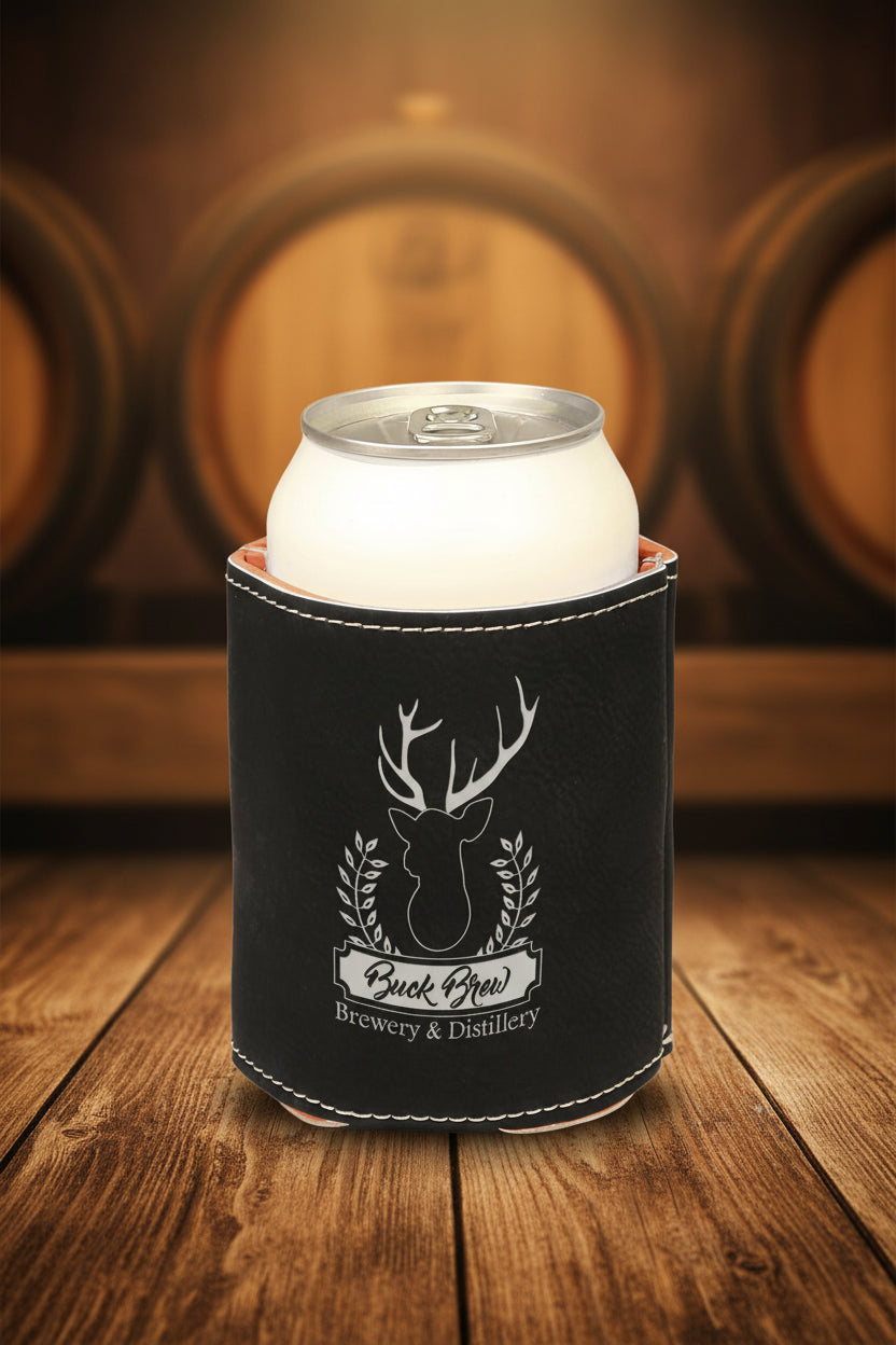 Black/Silver 3 3/4" Laserable Leatherette Beverage Holder