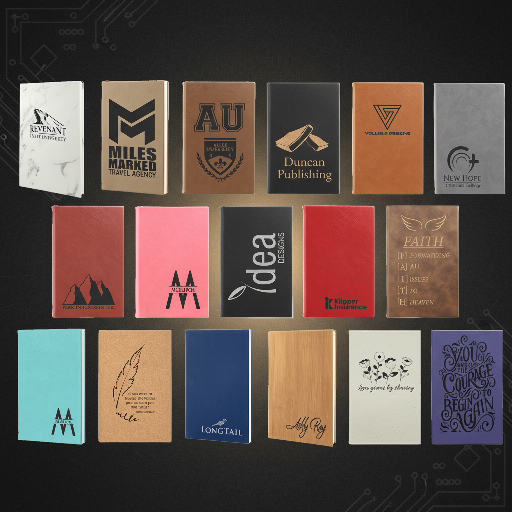 Collection of notebooks with various designs and text on a green background