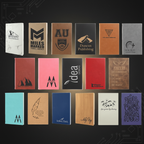 Collection of notebooks with various designs and text on a green background