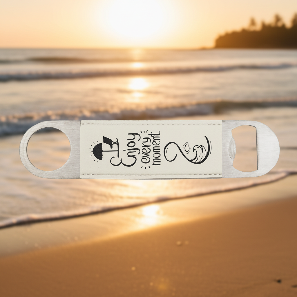 White/Black 1 1/2" x 7" Laserable Leatherette Bottle Opener