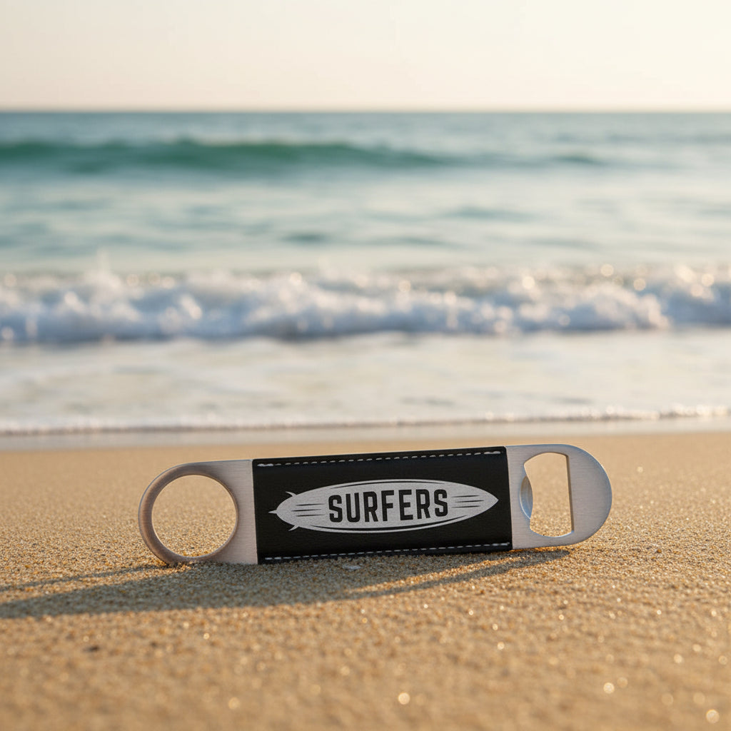 Black/Silver 1 1/2" x 7" Laserable Leatherette Bottle Opener