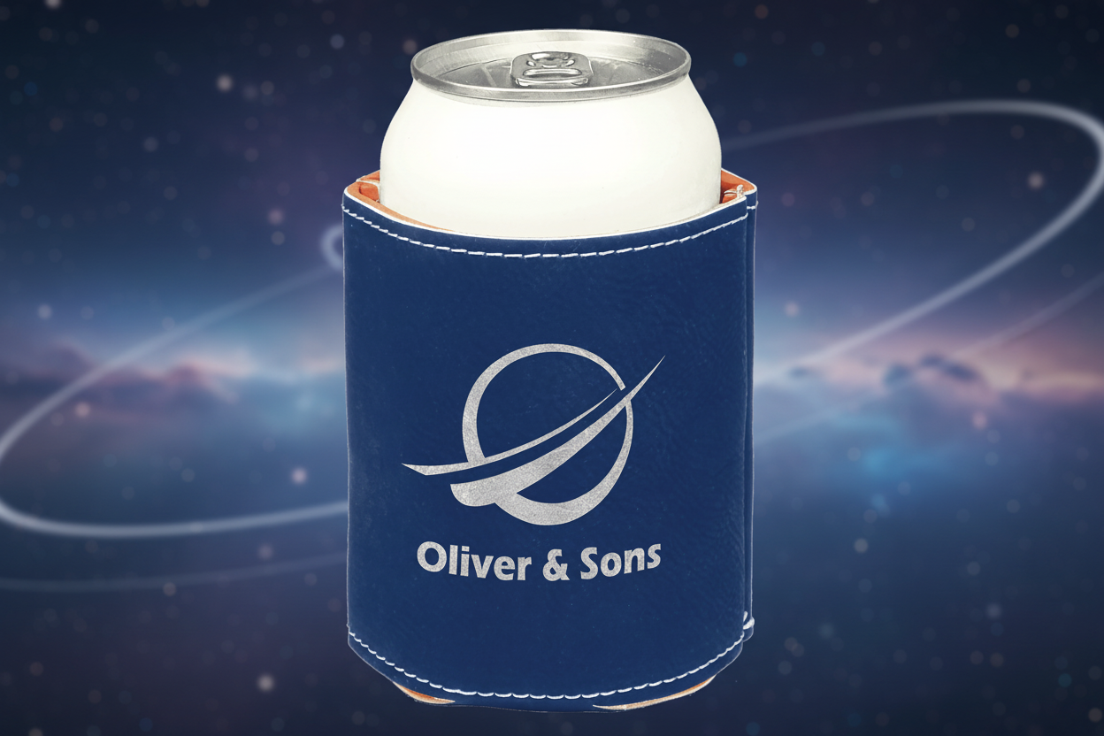 Blue/Silver 3 3/4" Laserable Leatherette Beverage Holder