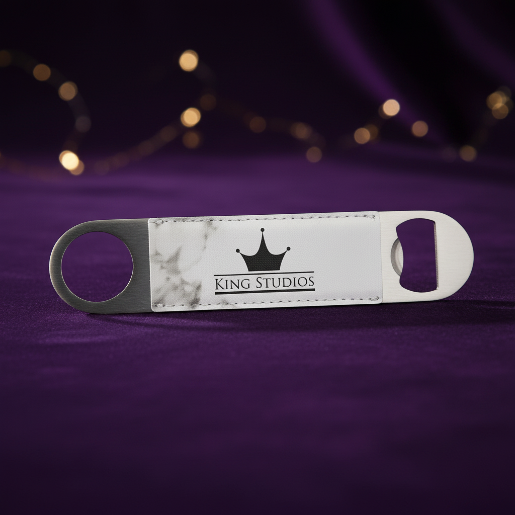White Marble 1 1/2" x 7" Laserable Leatherette Bottle Opener