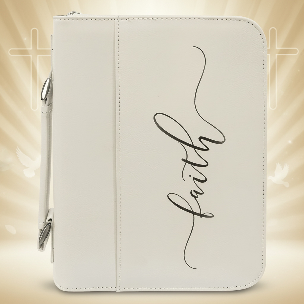 White 7 1/2" x 10 3/4" Leatherette Book/Bible Cover with Handle & Zipper