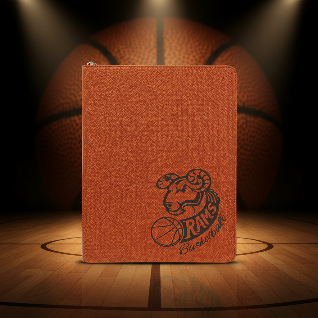 Basketball 9 1/2" x 12" w/ Zipper Laserable Leatherette Portfolio with Notepad