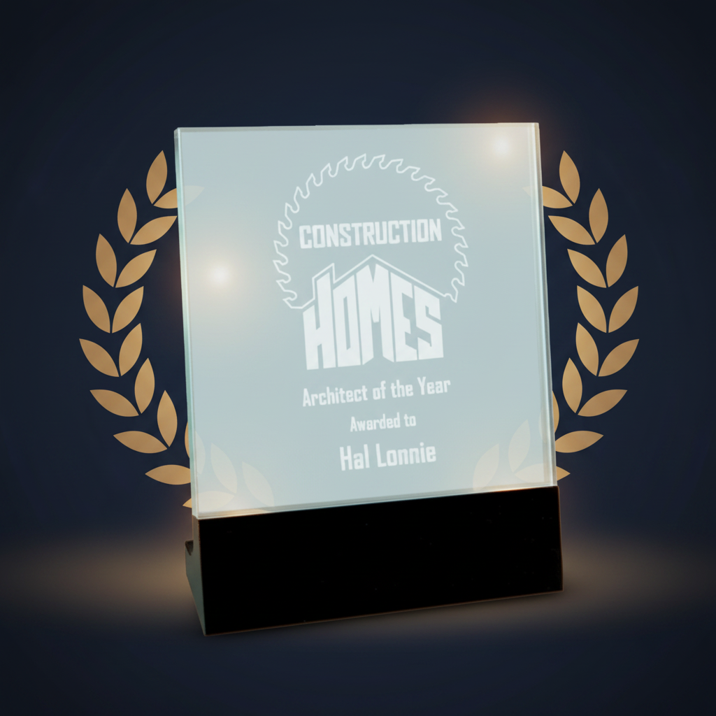 Glass award with engraved text on a black base against a white background
