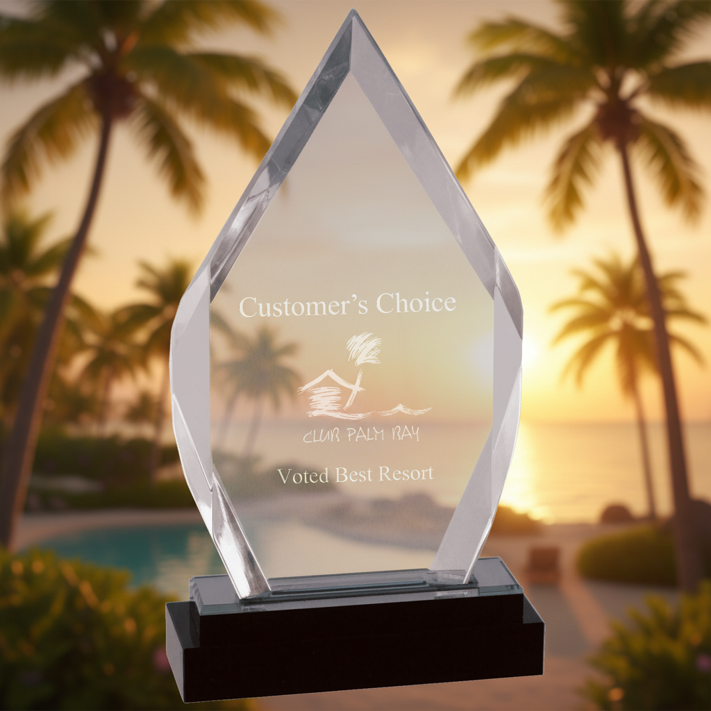 Crystal award with 'Customer's Choice Voted Best Resort' text on a clear background