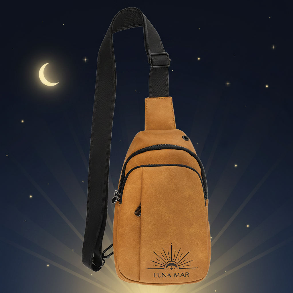 Brown suede sling bag with black strap on a transparent background