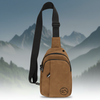 Brown sling bag with black strap on a transparent background