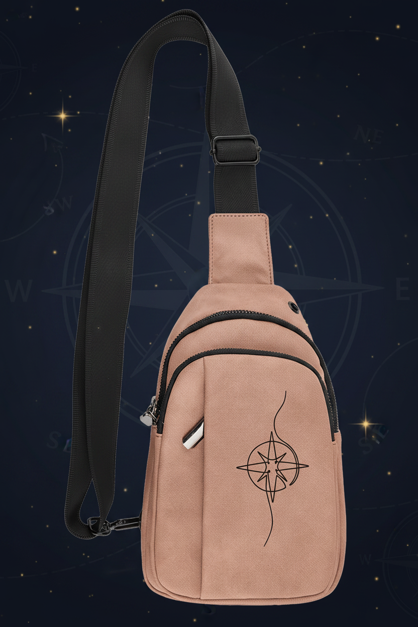 Pink sling bag with black strap and design on a transparent background