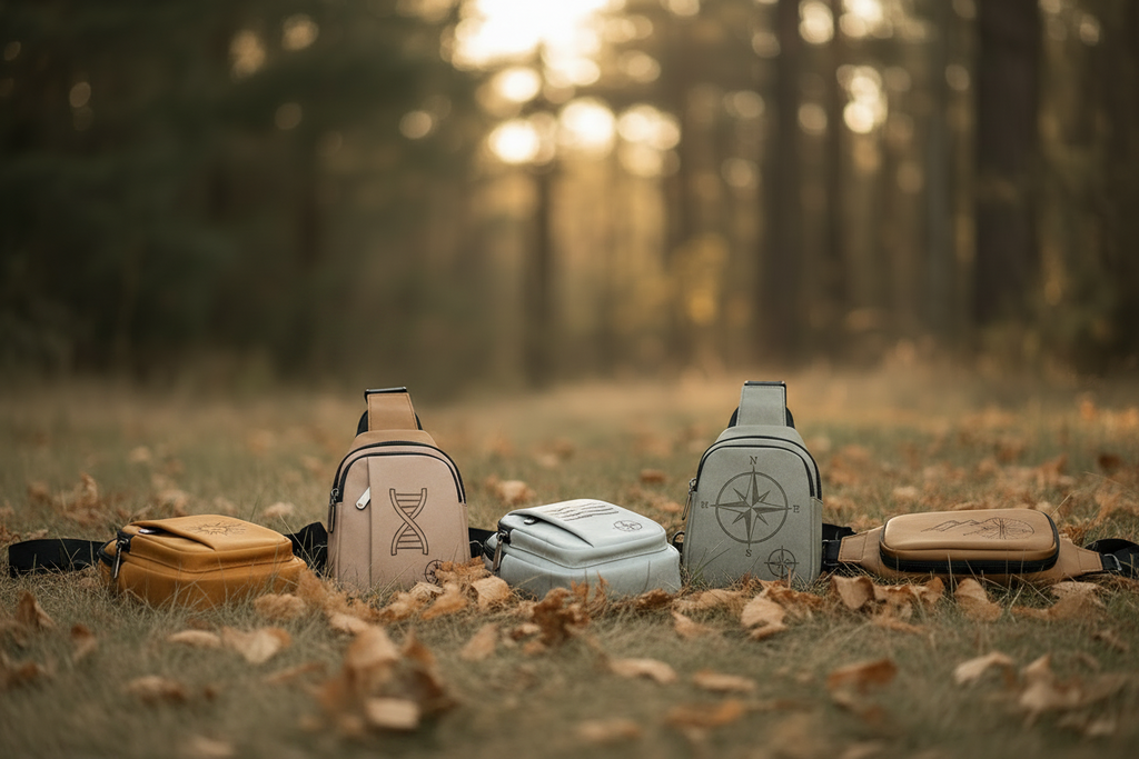 Four bags in different colors on a ground with grass and leaves