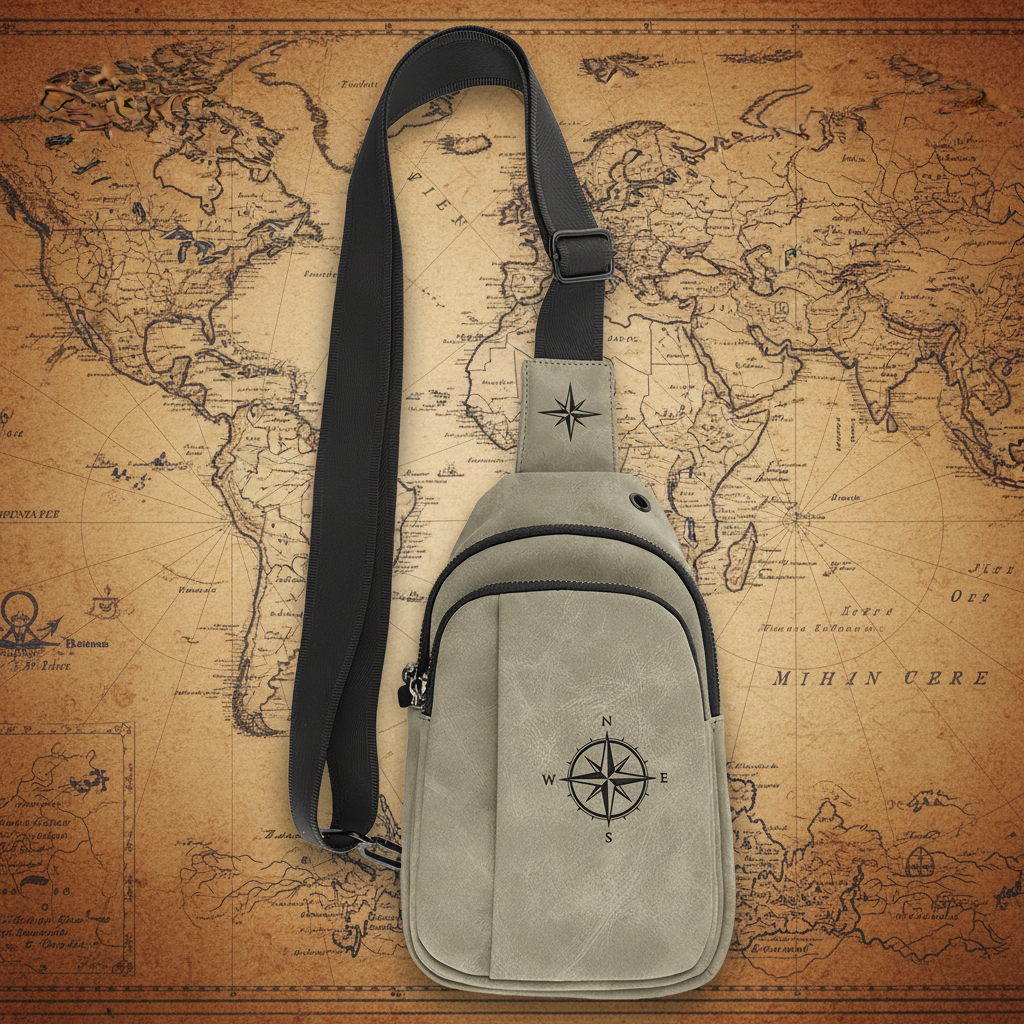 Beige sling bag with compass design on a transparent background