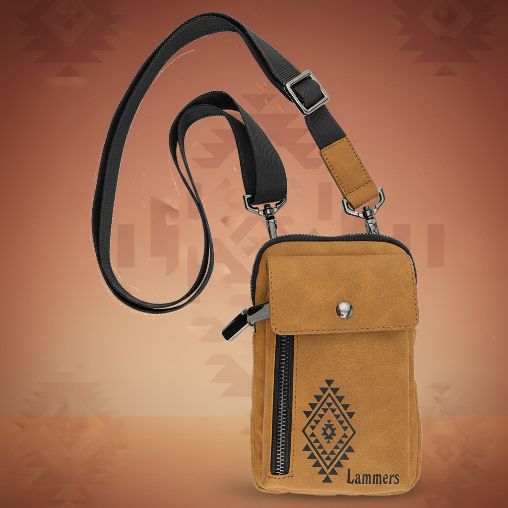 Brown crossbody bag with black strap and geometric design on a white background