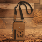 Brown crossbody bag with 'Ranch Longhorn' branding on a transparent background