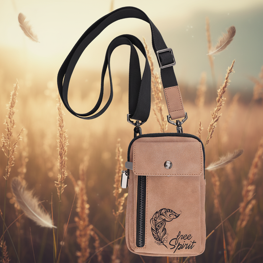 Brown crossbody bag with 'Free Spirit' embroidery on a transparent background