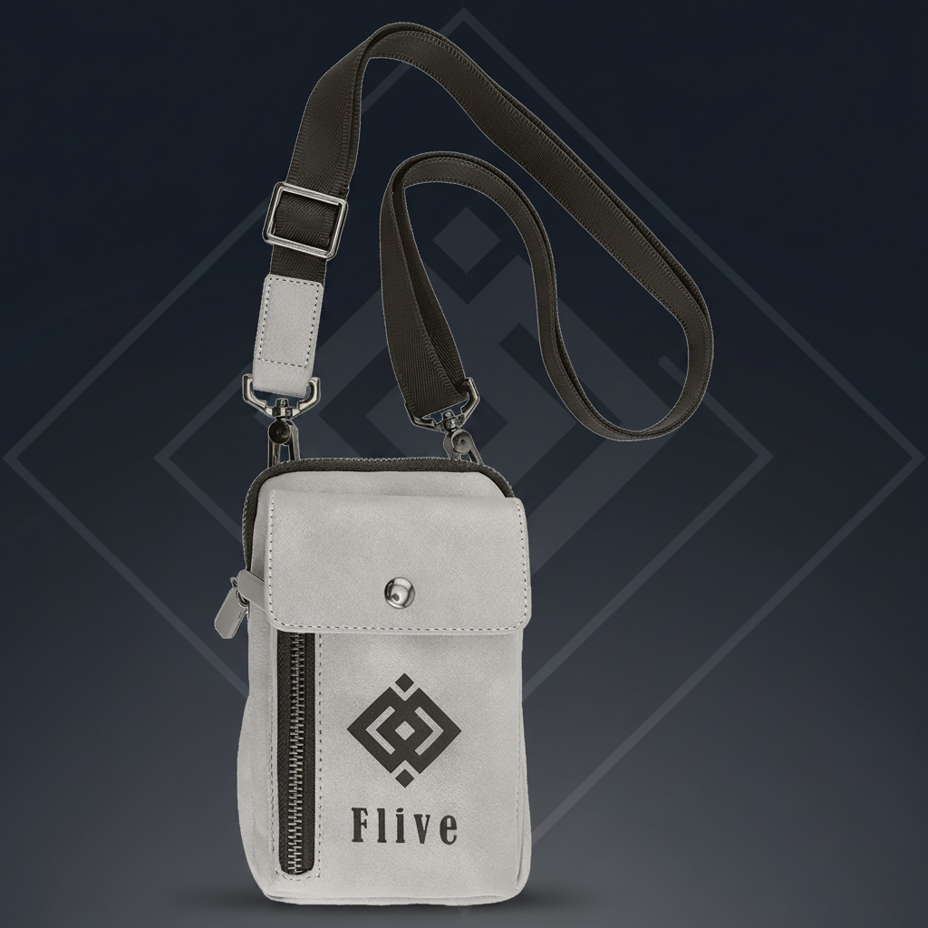 Gray crossbody bag with black strap and 'Elive' logo on a transparent background