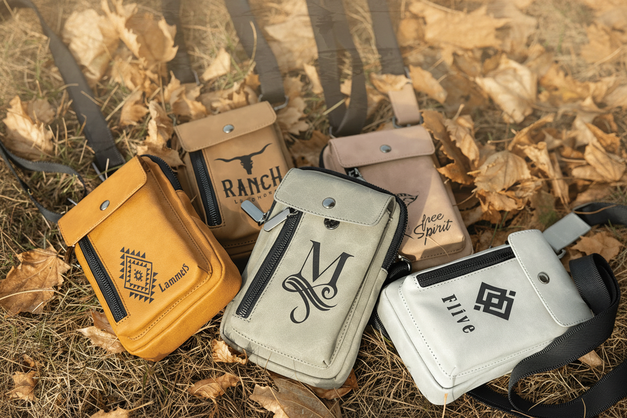 Four pouches with different designs and text on a grassy background